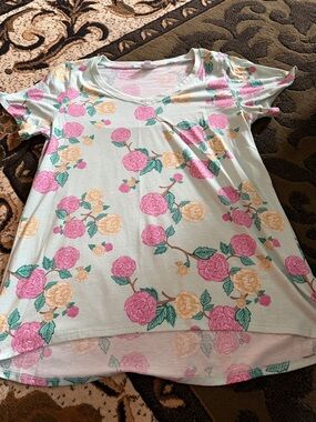 LuLaRoe Mint Tee with Pink & Yellow Floral Print